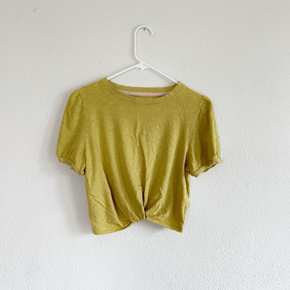 mustard yellow twist cropped tee puff sleeve chartreuse gold lime crop shirt M - Picture 1 of 5